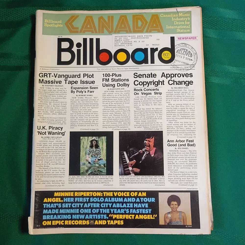 Billboard Magazine 1974 Lot of Five: July 6 & 27, Aug 17 & 24, Sept 21